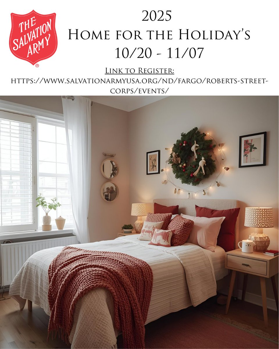We are pleased to be accepting electronic applications for “Homes for the Holidays”. We'll offer a twin sized mattress/box spring, a bed frame, sheets and a quilt to children ages 13 and under, living in the Fargo-Moorhead area, who are in need of a bed. uscsalvationarmy.wufoo.com/forms/homes-fo…