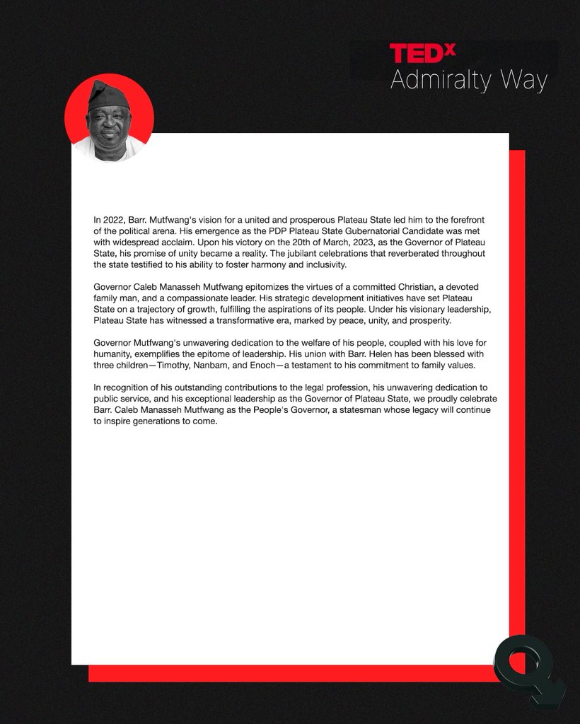 TEDx_Admiralty's tweet photo. At TEDx Admiralty Way we’ll explore the kind of leadership that builds not just institutions, but people.

📍 Filmhouse Cinemas, Admiralty Way, Lekki
🗓 Wednesday, November 19 | 10 AM

Get your tickets via the link in our bio!

#TEDxAdmiraltyWay #RedefiningMasculinity https://t.co/iyslMnboGT