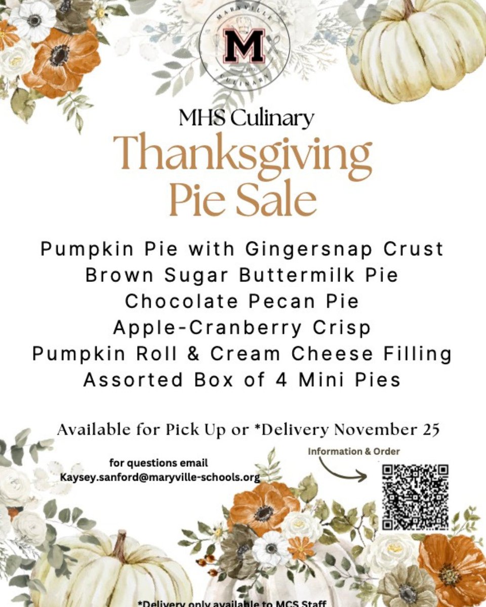 🥧 Thanksgiving pie… check! MHS Culinary students are baking from scratch - flaky crusts, creamy fillings, and all the homemade goodness. Order your pie today and cross one more thing off your holiday list! 🦃