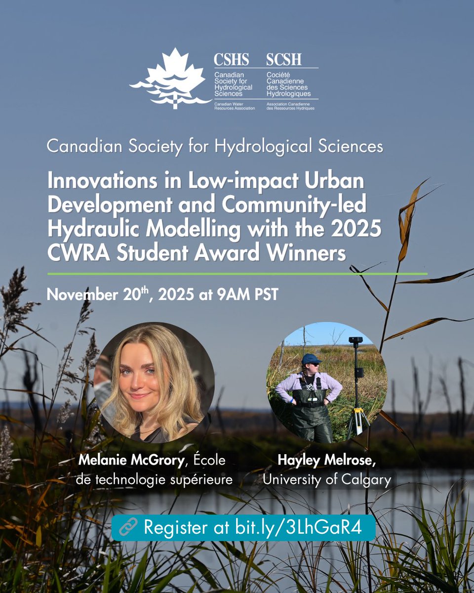CWRA_Flows's tweet photo. Join #CSHS in celebrating their #StudentPaperAward Winners, Melanie McGrory and Hayley Melrose! In this webinar, we will learn about their amazing work and contributions to #WaterResources management 🌊
When: Nov 20, 2025 @ 9AM PST
Register at: https://t.co/yzxXyqcuLJ
#CWRA2026 https://t.co/D1oISvRQug