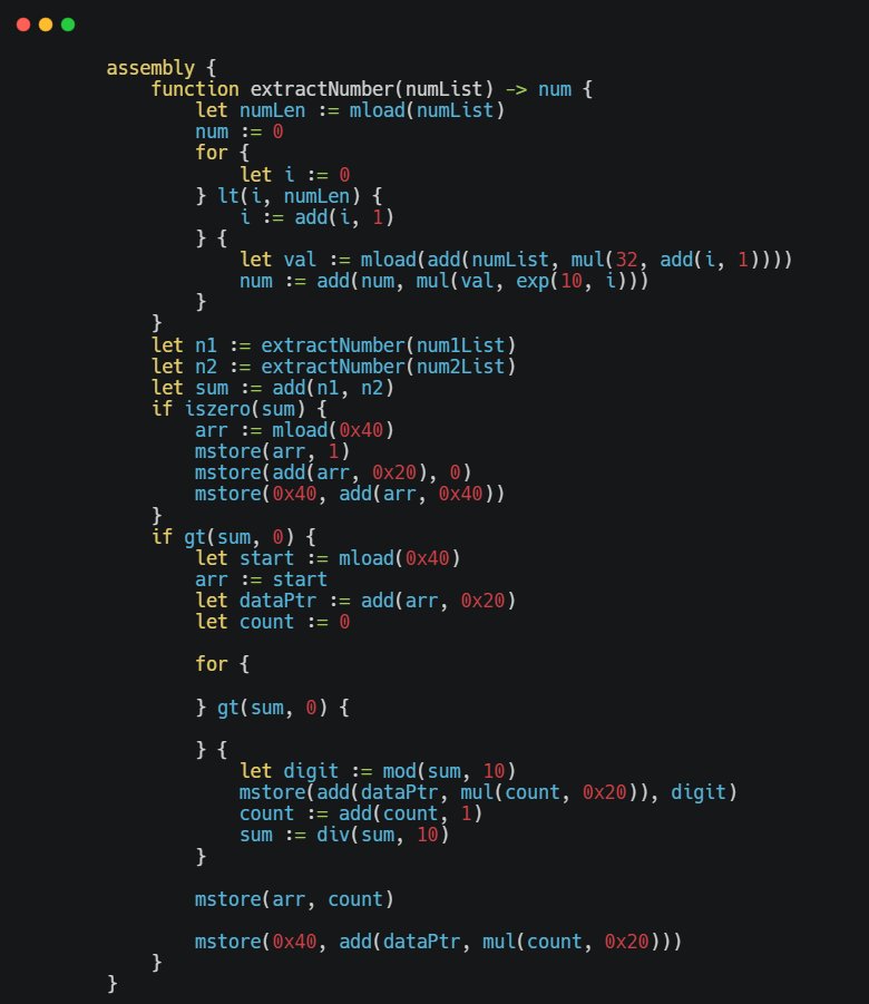eth_fullstack's tweet image. now it&apos;s time for solving @LeetCode&apos;s &quot;Add Two Numbers&quot; problem using #yul

solution &amp;amp; tests: 

gist.github.com/typicalHuman/e…