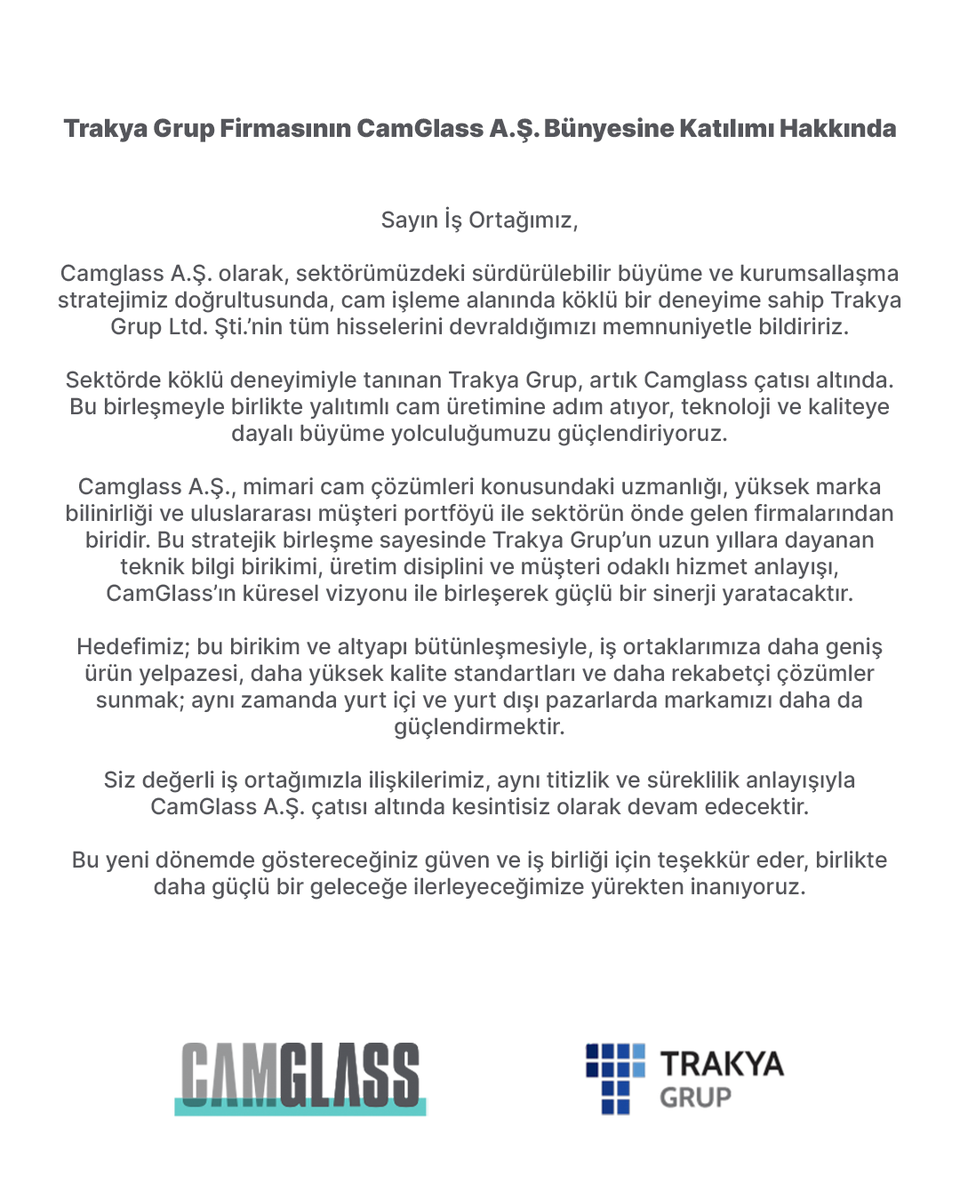 CamGlassTR's tweet photo. Kamuoyuna saygıyla duyurulur

Cam sektöründe önemli başarılara imza atan Trakya Grup, bugünden itibaren Camglass çatısı altında faaliyet gösterecektir.
Bu birleşmeyle birlikte üretim, ihracat ve istihdama katkımız daha da büyüyor.

Birlikte daha güçlüyüz. https://t.co/oATABfjCyF