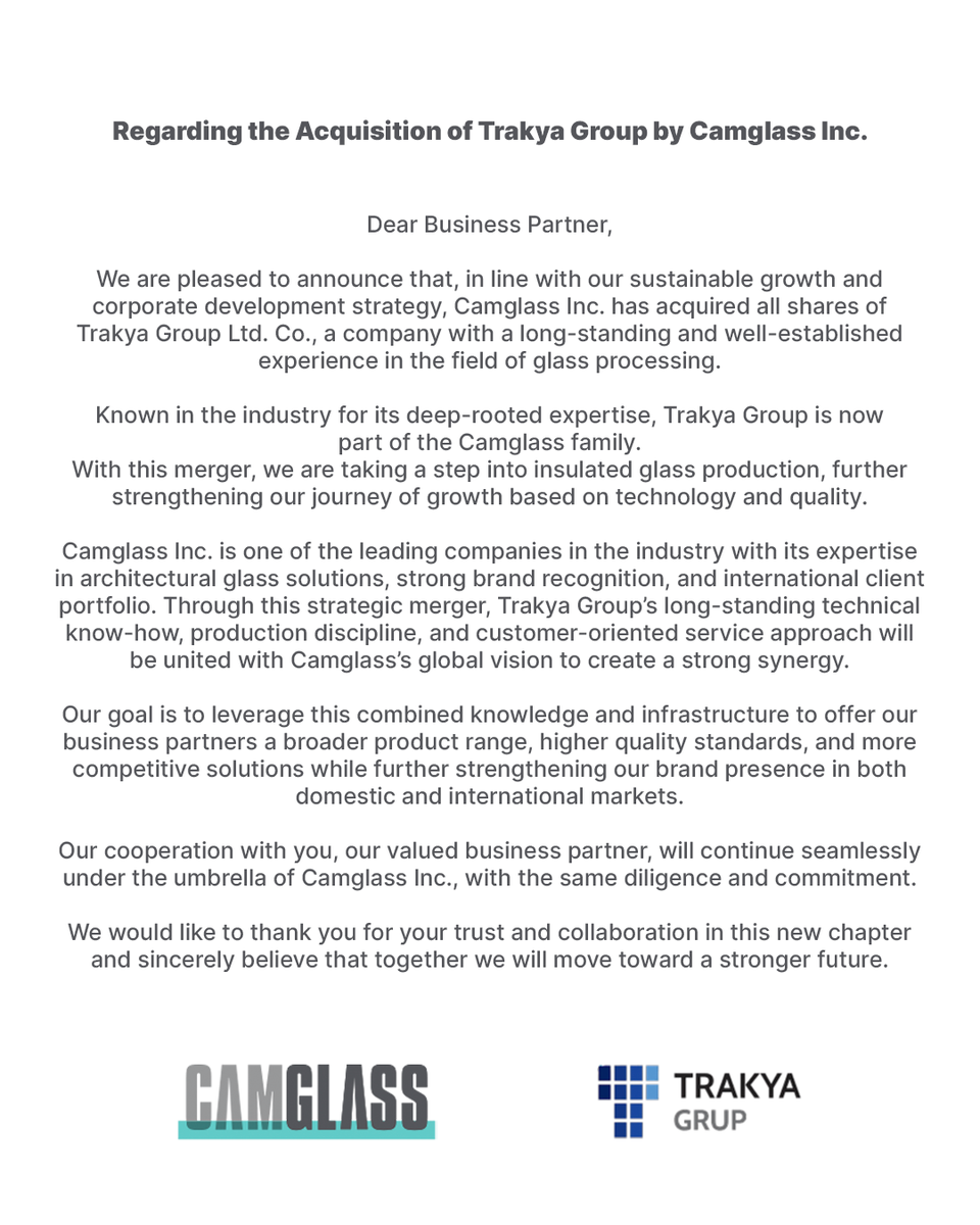 CamGlassTR's tweet photo. We respectfully announce to the public that Trakya Group, a company with significant achievements in the glass industry will operate under the Camglass umbrella as of today
This merger strengthens our contributions to production, exports, and employment
Together, we are stronger https://t.co/YppYxM6Xvn