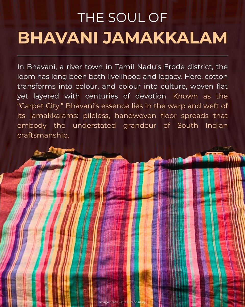 dchandlooms01's tweet image. On the banks of three sacred rivers- Bhavani, Kaveri, and Amirtha, woven with stories, the Jamakkalam carries the intimacy of touch, the rhythm of two weavers moving in unison. #gitag #handloomheritage #bhavanijamakkalam #vocalforlocalindia #tamilnadu #handloomweaves