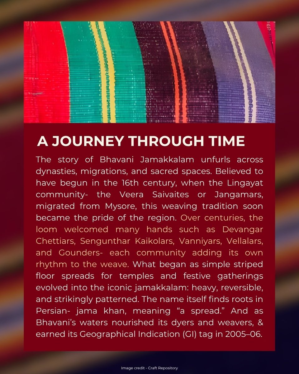dchandlooms01's tweet image. On the banks of three sacred rivers- Bhavani, Kaveri, and Amirtha, woven with stories, the Jamakkalam carries the intimacy of touch, the rhythm of two weavers moving in unison. #gitag #handloomheritage #bhavanijamakkalam #vocalforlocalindia #tamilnadu #handloomweaves