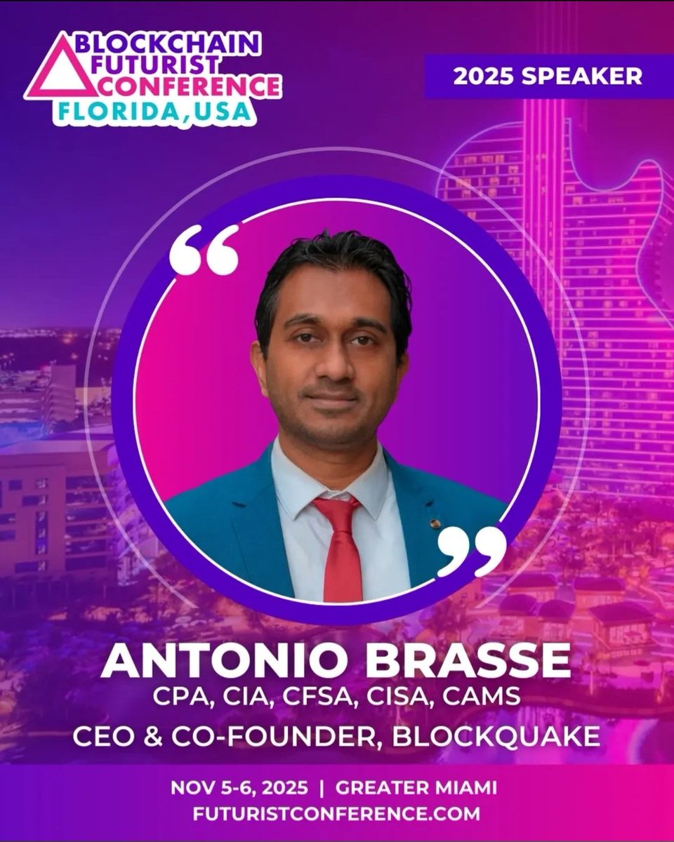 BlockQuake CEO <a href="/antoniobrasse/">Antonio Brasse, CPA, CIA, CFSA, CISA, CAMS</a>
will be in the house at <a href="/Futurist_conf/">Blockchain Futurist Conference</a> 
💯💯💯💯💯💯
We hope to see you all there 🚀🚀