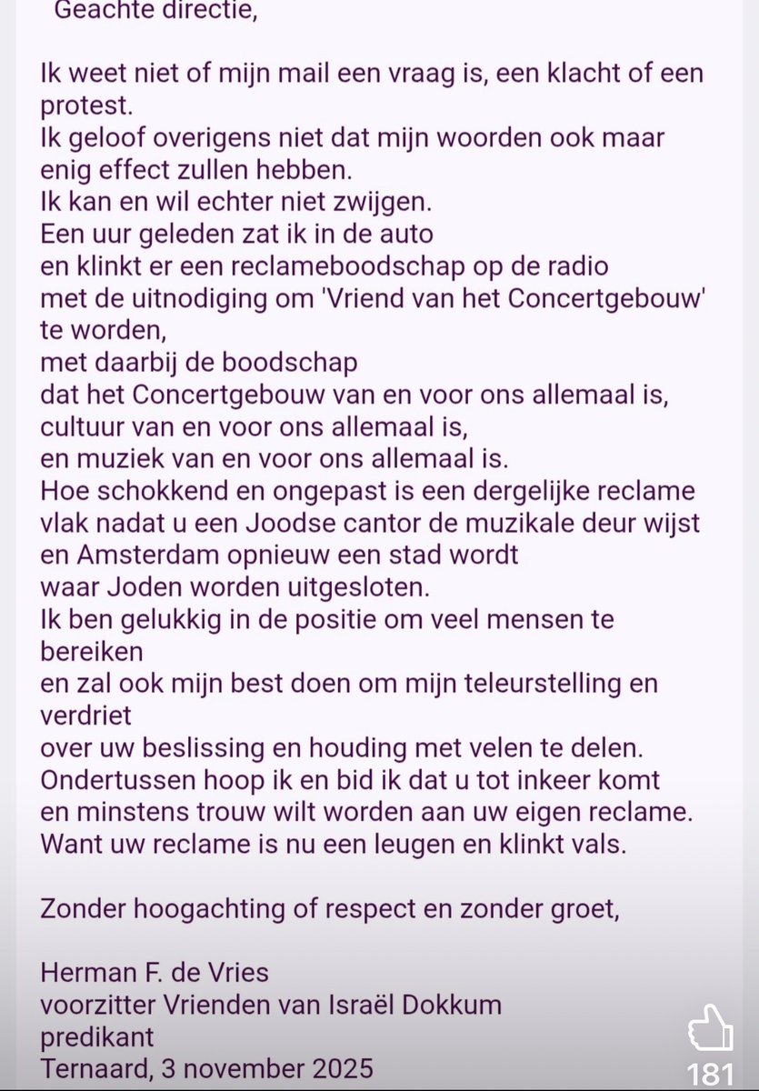 Via LinkedIn. 
Deze predikant deelde de brief die hij naar het concertgebouw had gestuurd.
Naast een paar positieve reacties werd hij verder vooral afgebrand.