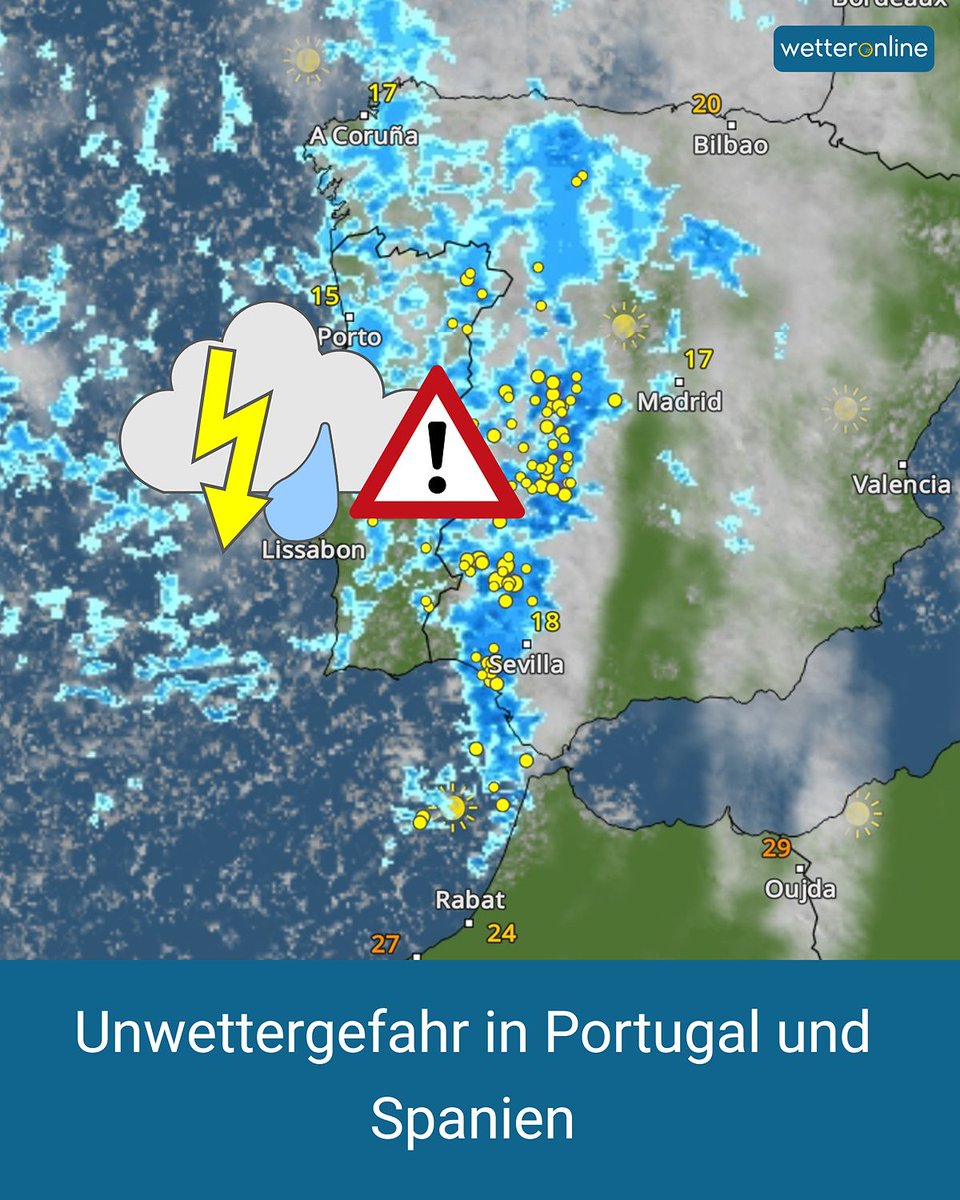 WetterOnline's tweet image. ⚡ 🌧️ In Portugal und Spanien drohen zur Wochenmitte Unwetter durch Gewitter mit Starkregen. Große Niederschlagsmengen sind möglich!

👉 to.wetteronline.de/unwettergefahr… 

#Unwettergefahr #Portugal #Spanien #Wetter #Gewitter