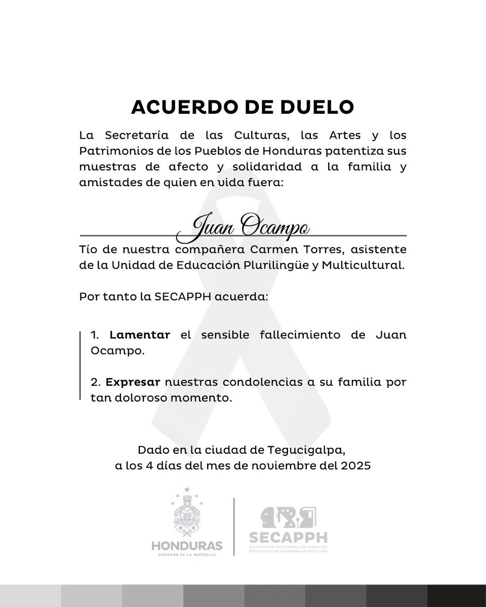 SECAPPH's tweet image. 🕊️ La SECAPPH lamenta el sensible fallecimiento Juan Ocampo, tío de nuestra compañera Carmen Torres, asistente de la Unidad de Educación Plurilingüe y Multicultural.

#SECAPPH