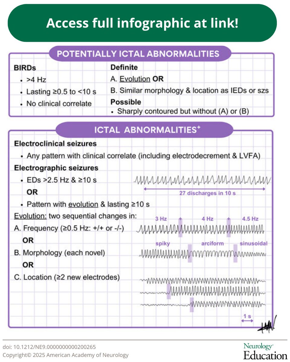 GreenJournal's tweet image. Don&apos;t miss the latest #NeurologyEd Teaching Neurovisual by Kaley J. Marcinski Nascimento &amp;amp; colleagues, an infographic to help educators teach epileptiform abnormalities on non–critical care EEG. Pictured: Sample of infographic. Access full infographic: hubs.la/Q03Rn8430