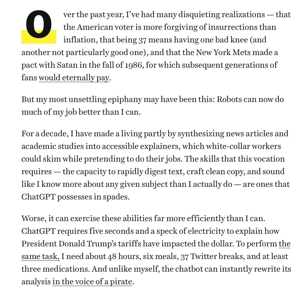 Robots can now do much my job better than I can

This has made me a bit anxious about my own obsolescence

It has also led me to contemplate the one AI dystopia I find plausible: A world where robots free elites of all dependence on most ordinary people.

Link to my essay below