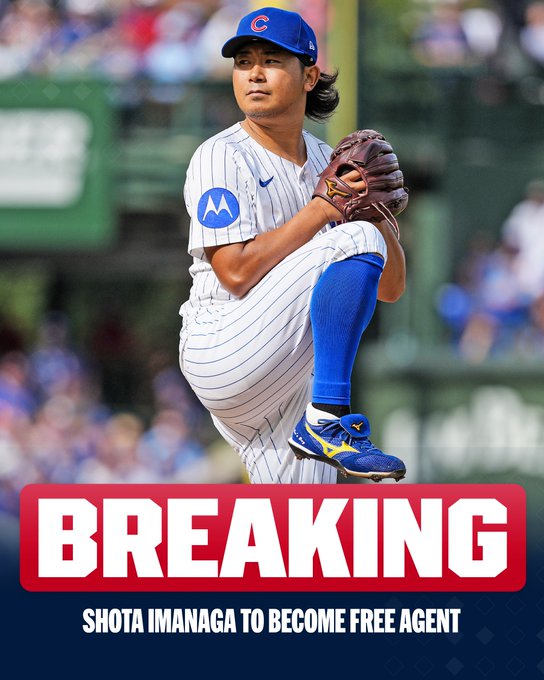 BREAKING: Shota Imanaga to become free agent
Pictured: Shota Imanaga prepares to throw a pitch in a home white Cubs uniform with blue and red lettering.