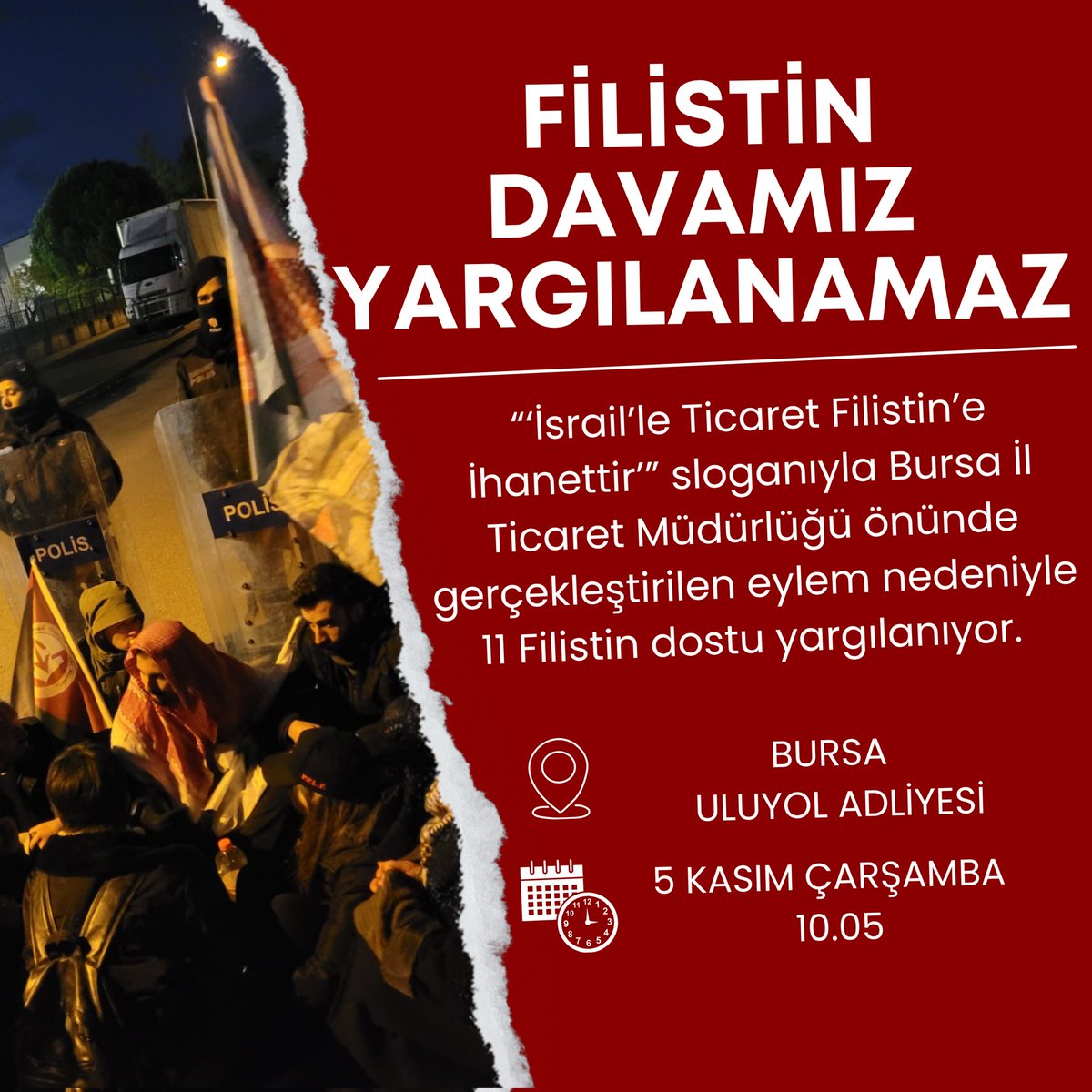 2911’den yargılanan 11 Filistin dostunun ilk duruşması ertelenmişti. Yarın ise ikinci duruşma görülecek.

İlan Ediyoruz ki; Suç İsrail'le İlişkileri Devam Ettirmektir. Mahkemede Filistin dostlarını yalnız bırakmıyoruz! 

📍Bursa Uluyol Adliyesi 
🕒 5 Kasım Çarşamba - 10.05