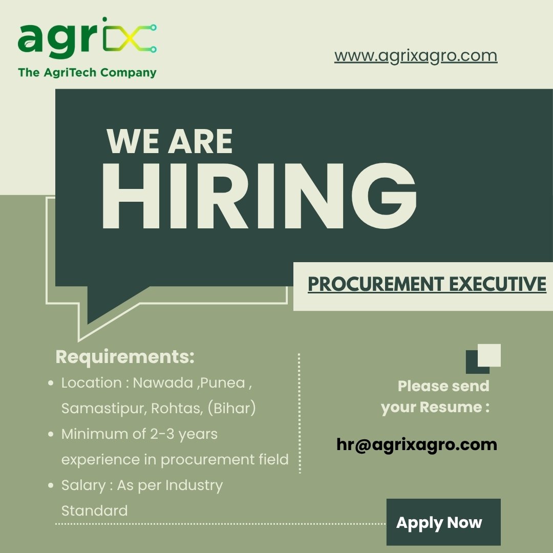 SauravAgrix's tweet image. Join the team as a 𝐏𝐫𝐨𝐜𝐮𝐫𝐞𝐦𝐞𝐧𝐭 𝐄𝐱𝐞𝐜𝐮𝐭𝐢𝐯𝐞!

📩Drop your CV with the subject line &quot;Procurement Associate&quot; at: 𝗵𝗿@𝗮𝗴𝗿𝗶𝘅𝗮𝗴𝗿𝗼. 𝗰𝗼𝗺

Share in your network.......
@IndexBihar @WithLoveBihar @INDEX_Nawada @Nalanda_index @sanjeevsinghx