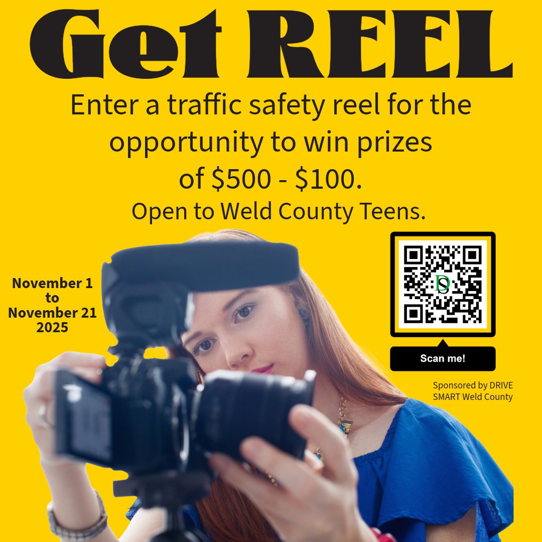 DriveSmartWc's tweet image. Spark change in Weld County!  Create a reel about a traffic safety issue that matters to you for the opportunity to win! drivesmartweldcounty.org/get-reel.html #GetREEL
