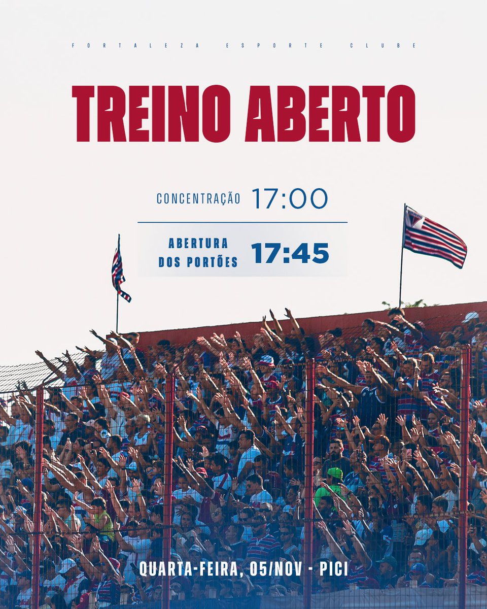 PROGRAMAÇÃO DO TREINO ABERTO! 🦁

Confira os horários do treino aberto desta quarta-feira (05), no Centro de Excelência Alcides Santos.

⏰ 17h – Concentração
⏰ 17h45 – Abertura dos portões

Vamos juntos apoiar o Leão na nossa casa!

#FortalezaEC #FortalezaÉPraQuemAcredita