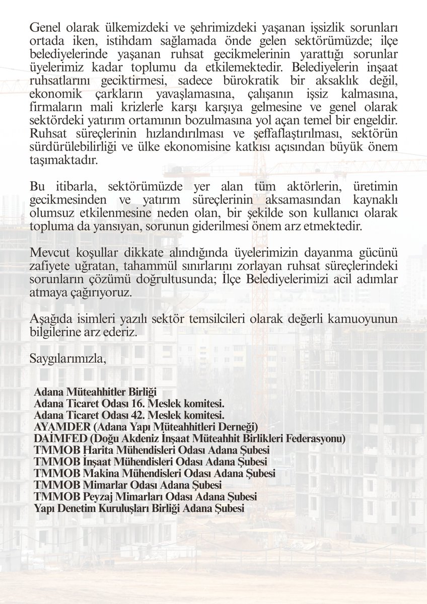 📢BASIN AÇIKLAMASI
📌Adana inşaat sektörü temsilcilerinden ruhsat sürelerinin hızlandırılması için ortak çağrı:
GECİKEN RUHSAT SÜRELERİ EKONOMİYİ VE ÜRETİMİ ZORLAMAKTADIR!