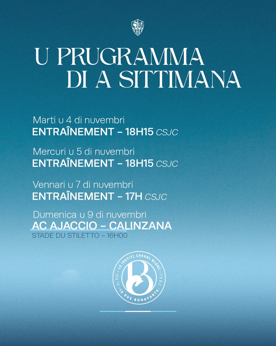 𝐔 𝐩𝐫𝐮𝐠𝐫𝐚𝐦𝐦𝐚 𝐝𝐢 𝐚 𝐬𝐢𝐭𝐭𝐢𝐦𝐚𝐧𝐚 

Nouvelle semaine de match à domicile 🎯 Nos Bianchi è Rossi accueilleront l'AS Calinzana ce dimanche au Stiletto (16h). 

Tutt'insemi è forza Aiacciu !