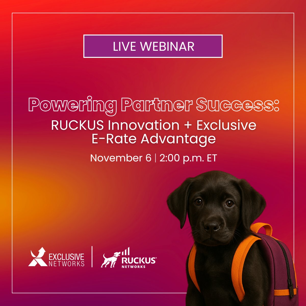 Turn expertise into E-Rate success. 💡

Join <a href="/ruckusnetworks/">RUCKUS Networks</a> &amp; Exclusive Networks on Nov 6 at 2 p.m. ET to learn how to fund and close more deals.

👉 eu1.hubs.ly/H0p8np50

#WeAreExclusive