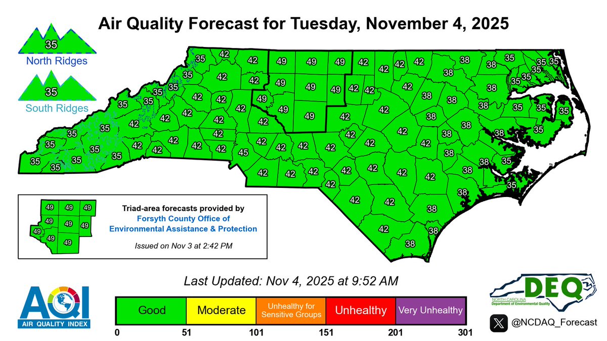 UPDATE: We have adjusted our forecast for today - Tuesday, 11/4/2025
#ncwx #airquality #AQI

For more on our updated forecast and KML files, see our latest discussion: airquality.climate.ncsu.edu/discussion/?is…