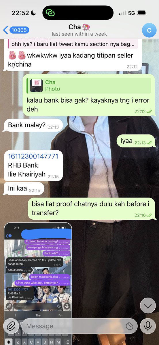 byunbaeri_'s tweet image. it’s gonna be a long thread, but yeah~

i dealt with this person on telegram (baekhyun sg channel), but she stopped replying after i transferred the full payment. at first, i paid a deposit to a malaysian because this person is Indonesian, so she ‘used’ a transfer service. cont-