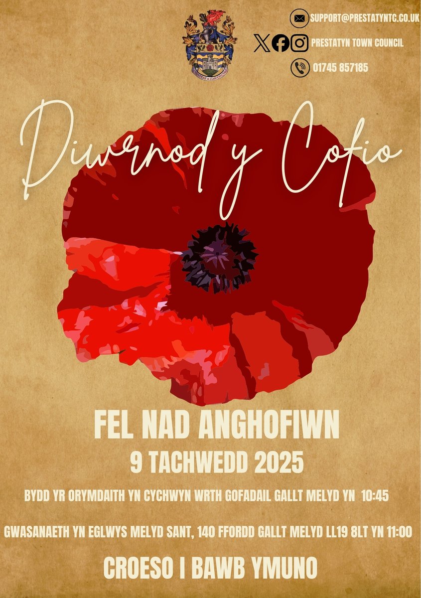 Lest we forget...

Please join us for our Remembrance Sunday services at either Christ Church, Prestatyn or St Melyd Church both starting at 11:00.

There is a parade that is starting the procession will start at 10:45 at Prestatyn High Street.