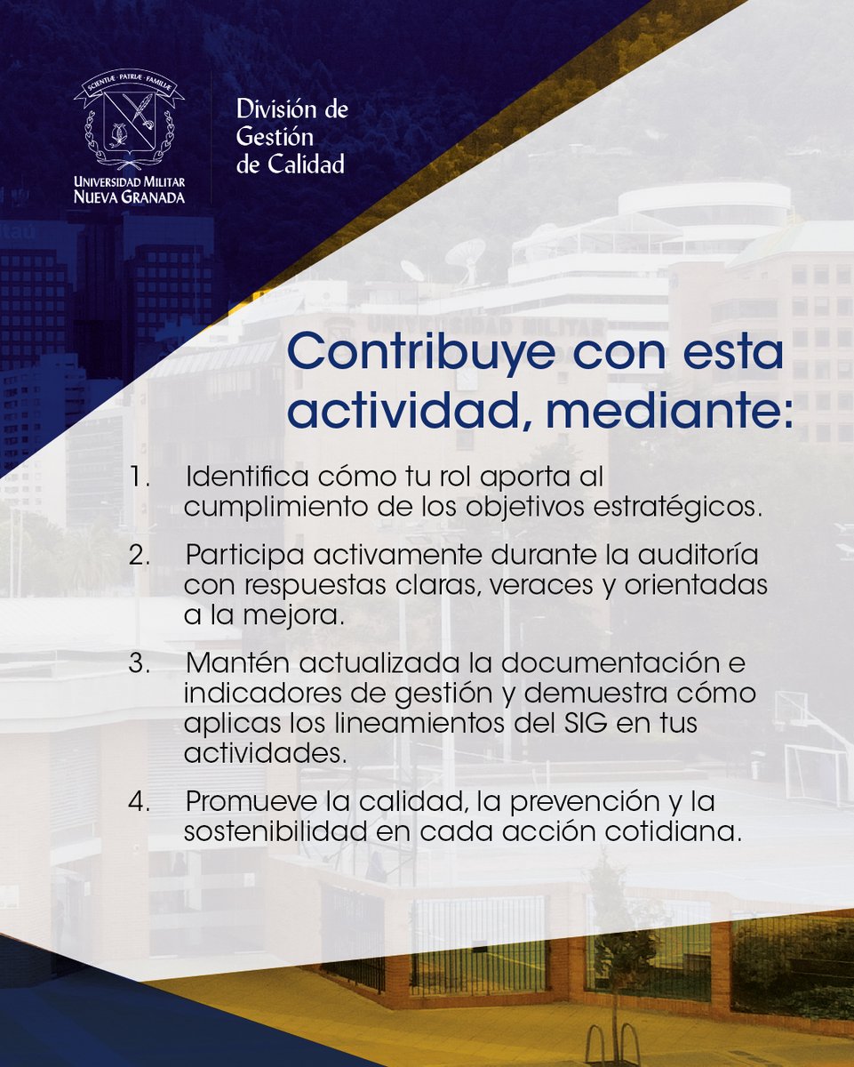 ✅ Auditoría ICONTEC 2025

¡Rumbo a la excelencia con compromiso y mejora continua!

La Universidad Militar Nueva Granada se prepara para la Auditoría Externa ICONTEC 2025, un proceso que evalúa la eficacia y madurez de nuestro Sistema Integrado de Gestión (SIG).

#UMNG