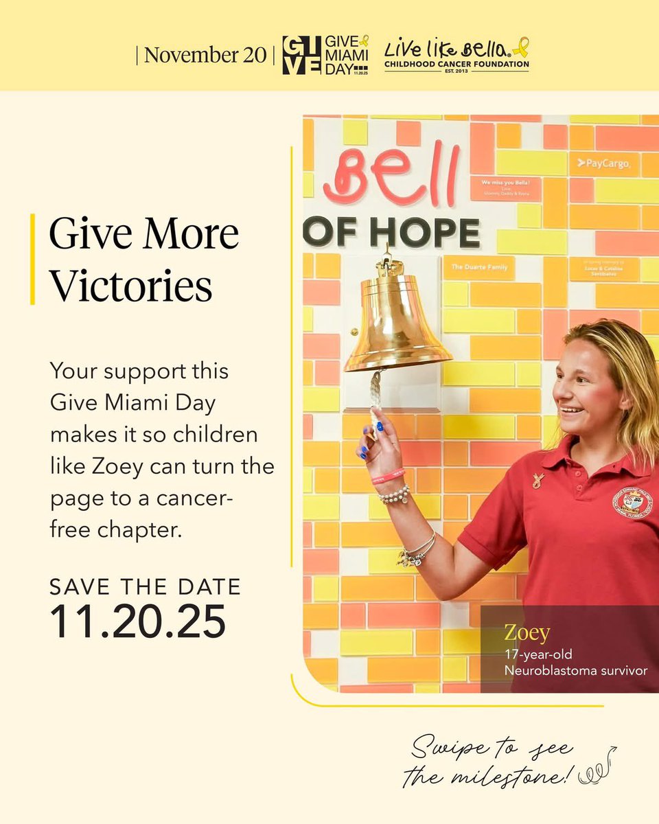 LiveLikeBella's tweet photo. Children like Zoey remind us why #GiveMiamiDay matters. After a 7-year fight with neuroblastoma, Zoey beat the odds and celebrated her dream Quinceañera. 💛
Your gift fuels hope for kids like her.
Give today ➡️ https://t.co/54g0vnYN4K
#LiveLikeBella https://t.co/YQeS5WsgAj