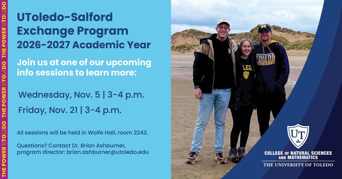 Interested in spending your FULL junior year studying abroad <a href="/SalfordUni/">University of Salford</a> Manchester, England?  Join us at one of our upcoming info sessions to learn more!
<a href="/UToledo/">The University of Toledo</a> <a href="/UToledoAstro/">University of Toledo Astronomy & Astrophysics</a> <a href="/ChemistryToledo/">UTChemistry</a>
<a href="/lakeeriecenter/">Lake Erie Center</a> <a href="/UT_PVIC/">PVIC@UT</a> #UToledo #StudyAbroadMore info: bit.ly/42raMnF