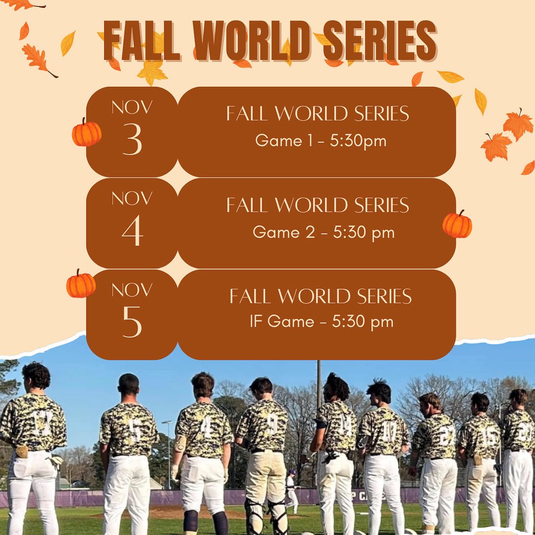 Due to wet field conditions 2025 Fall World Series date and time changes 
Wednesday 11/5 5:30pm
Thursday 11/6 5:30pm
Friday 11/7 5:30pm IF GAME