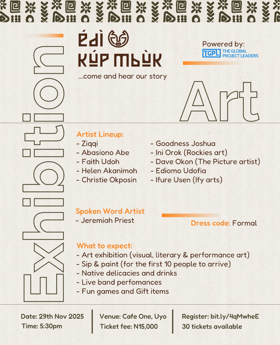 Food, art, and music. 

Are you ready for the biggest art event of the year?

"Edi kup Mbuk" from the people of Akwa Ibom to the world!

Aya di kup mbuk?

Date: 29/11/25
Ticket fee: N15k
Register: selar.com/25g5qt97wz

Stand a chance to relax, learn, and win exciting items.