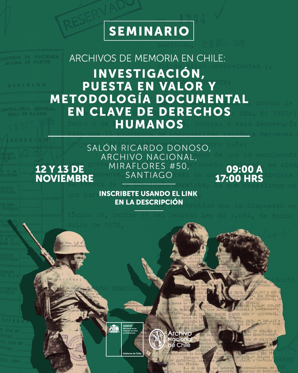 ANdeChile's tweet photo. 📂Seminario “Archivos de memoria en Chile”
🗓️12 y 13 nov |📍Archivo Nacional
Especialistas y organizaciones dialogarán sobre el rol de los archivos de DD.HH. en la reconstrucción del pasado reciente.
📄Programa y formulario de inscripción disponibles en👉https://t.co/siSoXnFu5f https://t.co/1fjUSwB02p