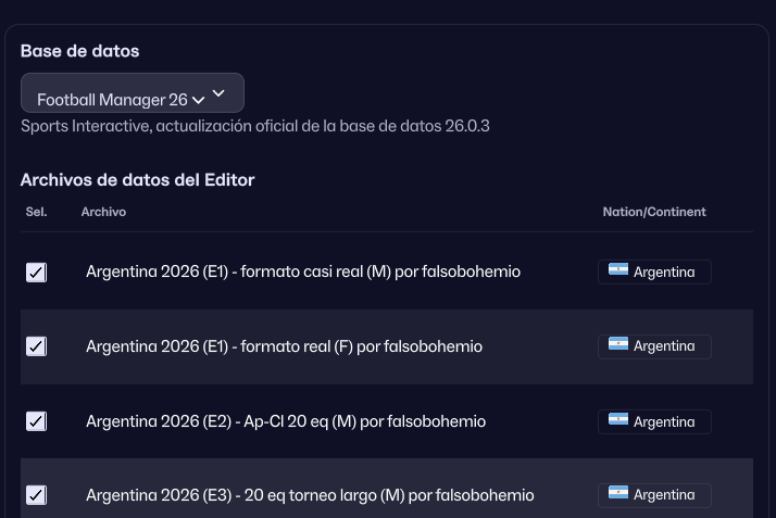 En el juego verán cuando arrancan partida algo asi, apretando donde dice Base de datos: Football Manager 2026 van a ir eligiendo que formato quieren usar, tengan en cuenta que solo puede haber activado un formato por genero y pais. Si no quieren activar las ligas masculinas o