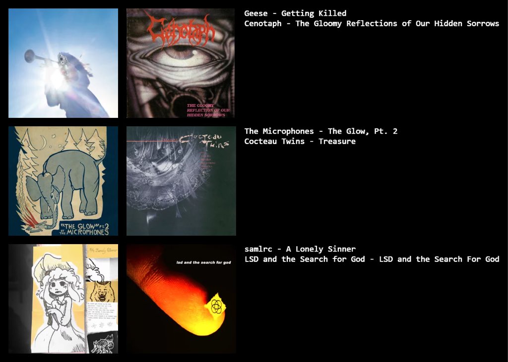 11/4～11/5
Fav:
Geese - Getting Killed
The Microphones - The Glow, Pt. 2
samlrc - A Lonely Sinner

#CinoCrates