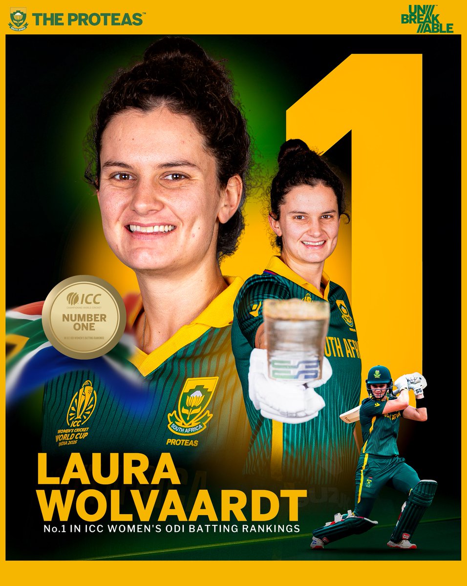 ProteasWomenCSA's tweet image. Top of the world! 🌍🏏

After an extraordinary #CWC25 campaign with 571 runs, Laura Wolvaardt rises to the summit as the No. 1 ranked ICC Women’s ODI Batter! 🏔️🔥

Captain fantastic proves her world-class talent once again! 💫

#Unbreakable