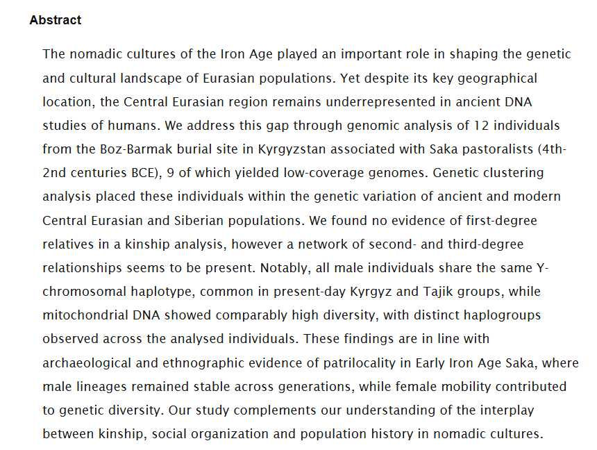 Genetic insights into Iron Age Saka culture: Ancient DNA analysis of the Boz-Barmak burial ground, Kyrgyzstan

biorxiv.org/content/10.110…