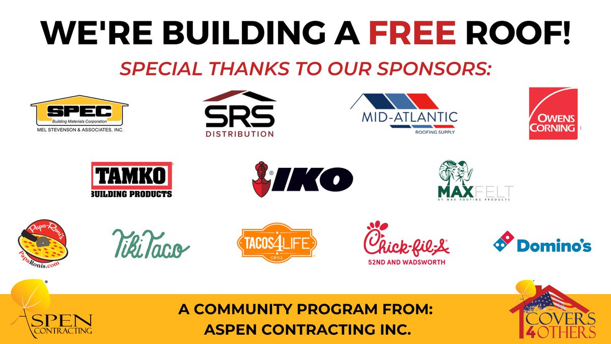 Big shoutout to the incredible sponsors behind this year’s #Covers4Others 🙌

You helped us feed volunteers, donate materials, and most importantly—change lives, one roof at a time.

#AspenGivesBack #ThankYou #CommunityStrong #AspenContracting