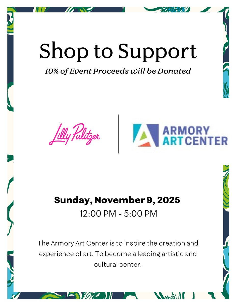 💖 Shop to Support the Arts! 💖
Join us + @lillypulitzer for a colorful day of fashion, art &amp; giving back! 🌸✨
🗓 Sun, Nov 9 | 12–5 PM
📍 Lilly Pulitzer – 240 Worth Ave, Palm Beach
10% of all proceeds benefit the Armory Art Center, 
#LillyPulitzer #LillyPulitzerLoves #armory