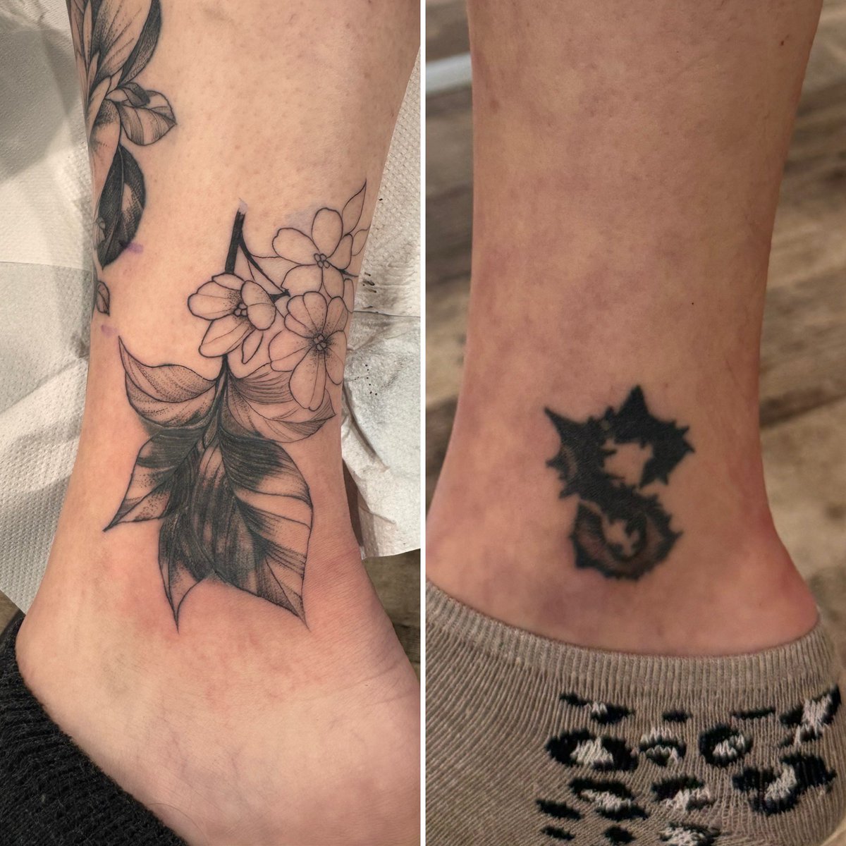 ⚠️ Achtung Tattoocontent ⚠️
Heut gab’s was für‘s Knie (das dabei etwas angeschwollen ist 🫣) und seitlich am Bein habe ich angefangen ein altes Tattoo unter Blättern zu verstecken.
To be continued…