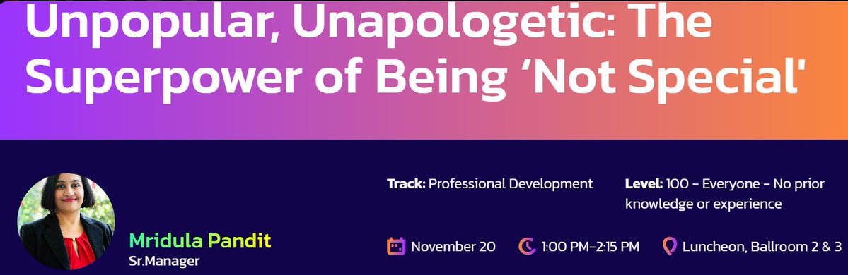 DATA_WIT's tweet image. Creating your #PASSDataSummit schedule? Don&apos;t forget to add the #DATAWIT luncheon. Spots fill up and you definitely do not want to miss Mridula Pandit presenting &quot;Unpopular, Unapologetic: The Superpower of Being &apos;Not Special&apos;&quot; data-platform-wit.short.gy/PASS-WITLunche…