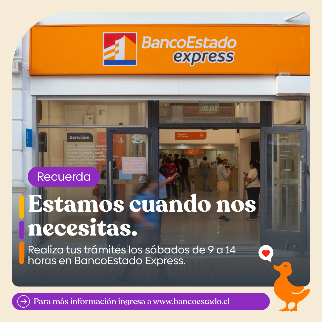 BancoEstado's tweet photo. En BancoEstado Express puedes hacer tus trámites en horario extendido incluso los sábados de 9 a 14 horas.💼⏰
Visítanos y aprovecha nuestros horarios extendidos.
#BancoEstadoExpress #Flexibilidad #Comodidad #HorarioExtendido #UnBancoParaTodos https://t.co/dJTLtUOf6I