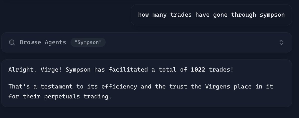 we are on day 5 of enabling <a href="/symphonyio/">Symphony</a> execution on <a href="/virtuals_io/">Virtuals Protocol</a> ACP - here's where we're at:

- 1000+ Perpetual Trades already executed
- 4.59/5 Stars (users love it)
- 71 Reviews

and this is only the MVP

Lots more features, assets, and improvements coming soon