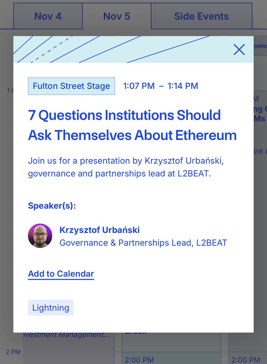 If you’re attending <a href="/chainlink/">Chainlink</a> SmartCon conference, come to my lighting talk tomorrow! 

In just 7 minutes I will share 7 important questions that every institution working on their crypto strategy should ask themselves. 

And spoiler alert - <a href="/l2beat/">L2BEAT 💗</a> can help you with some.