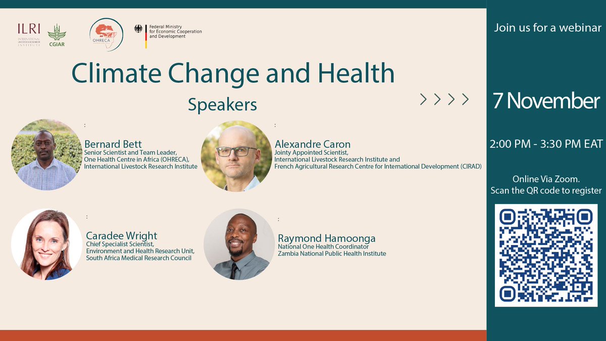 Climate change is driving disease risks and straining health systems. Join the OHRECA webinar on Nov 7 at 2- 3:30 PM EAT to explore science, strategy, and solutions. 
Register: ilri-org.zoom.us/webinar/regist…
#OneHealth #ClimateHealth