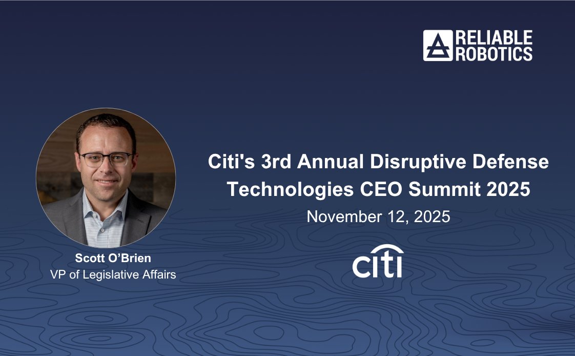 Reliable joins <a href="/Citi/">Citi</a>'s Disruptive Defense Technologies CEO Summit next Wednesday, on the "Assured Autonomy: All Domain Disruption" panel to discuss the  role of autonomy in fortifying the future of air power. Find more: reg.citiglobalevents.com/event/d7b8b930…

#DefenseTech #Autonomy #UAS