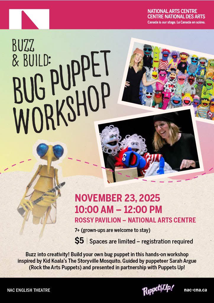 rtapuppets's tweet image. Come create a bug puppet with me! I am so excited to be running a hands-on workshop with the @CanadasNAC in partnership with @puppetsup! All materials are included, and each participant will build a bug puppet and learn how to bring it to life! nac-cna.ca/en/event/39945