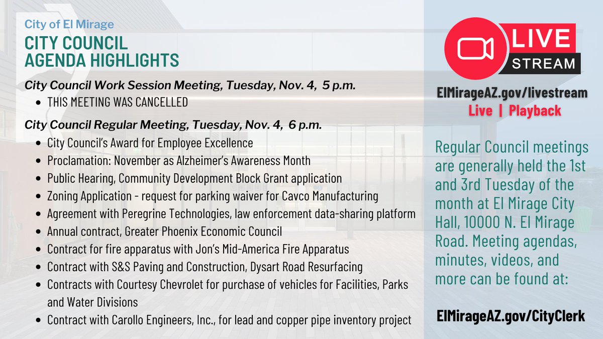 📜 Here are agenda highlights of tonight's Regular City Council meeting. (Please note, the Work Session was cancelled.) The public is welcome to attend or watch live. For the full agenda, meeting minutes and more information about Council meetings, visit: elmirageaz.gov/337/Meeting-Ag…