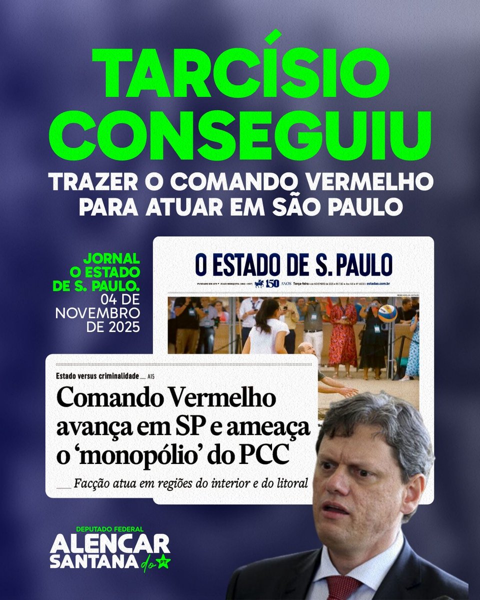 🚨📰 Tarcísio de Freitas alcançou uma proeza histórica: além de não combater o PCC, conseguiu levar - pela omissão total - o Comando Vermelho do Rio de Janeiro para São Paulo.

E quem denuncia esse fracasso na política de segurança pública é o Estadão, jornal de direita,