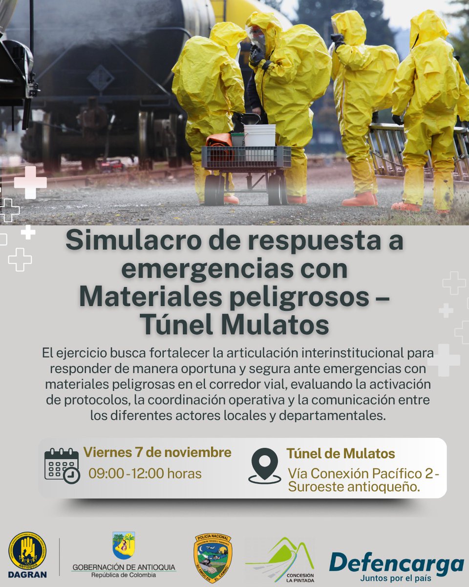 🚨 Simulacro en el Túnel Mulatos

Este 7 de noviembre a las 10:00 a.m. realizaremos un simulacro de atención a emergencia con materiales peligrosos (nivel 2 – HazMat) en el Túnel de Mulatos, vía Conexión Pacífico 2.

⚠️ No es una emergencia real.
Ejercicio que lideramos con la