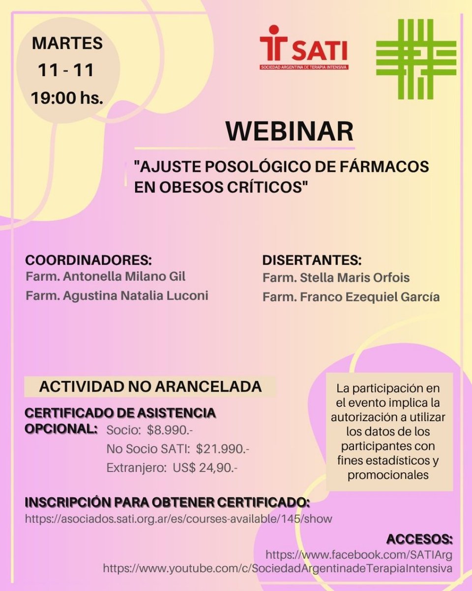 SATIarg's tweet photo. 📢 WEBINAR: "AJUSTE POSOLÓGICO DE FÁRMACOS EN OBESOS CRÍTICOS"                                              
📆 MARTES 11 - 11, 19:00 hs. Transmisión en vivo por nuestras redes:
🔗https://t.co/fcan0CLMAd 
🔗https://t.co/KBAWCh0hO7
🔗https://t.co/QTF8pXOHDP https://t.co/71ejkZOfTb